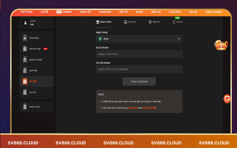 Cách rút tiền Sv888 qua ngân hàng