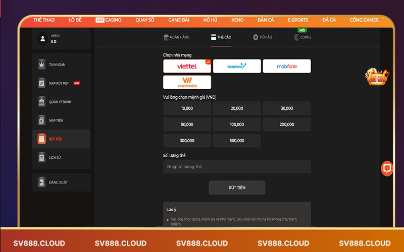 Cách rút tiền Sv888 qua thẻ cào