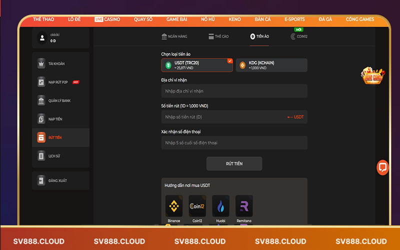 Cách rút tiền Sv888 qua tiền ảo (USDT)